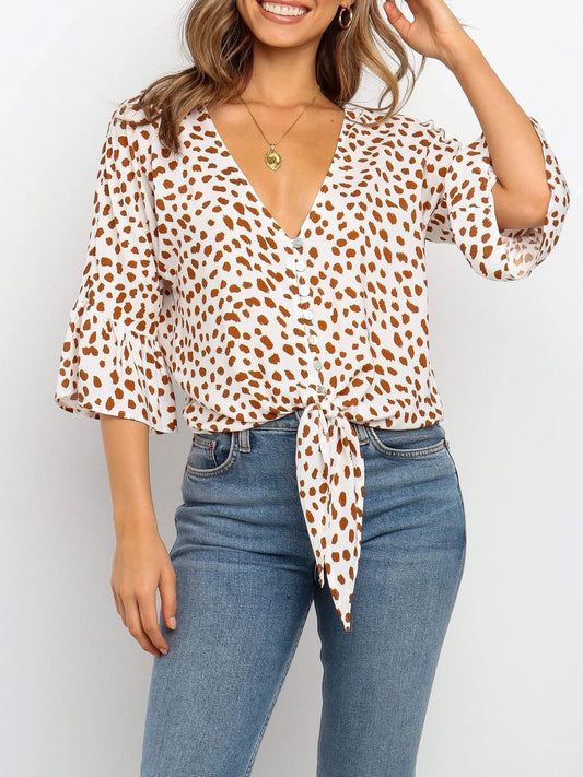 Fashion V-neck Flared Sleeve Knotted Top - LuckyFash™