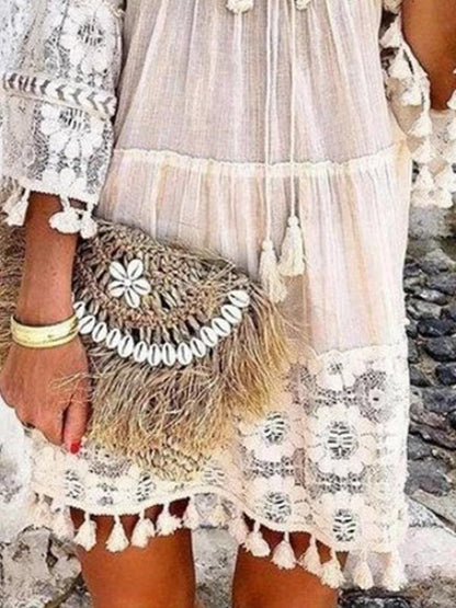 Fashion V-neck Lace Fringed Mini Dress - LuckyFash™