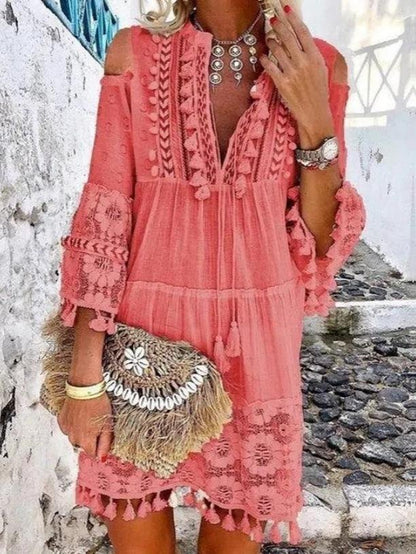 Fashion V-neck Lace Fringed Mini Dress - LuckyFash™