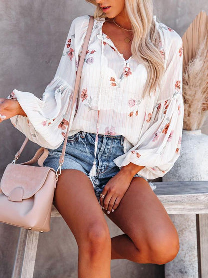 Fashion V-neck Lantern Sleeve Chiffon Blouse - LuckyFash™