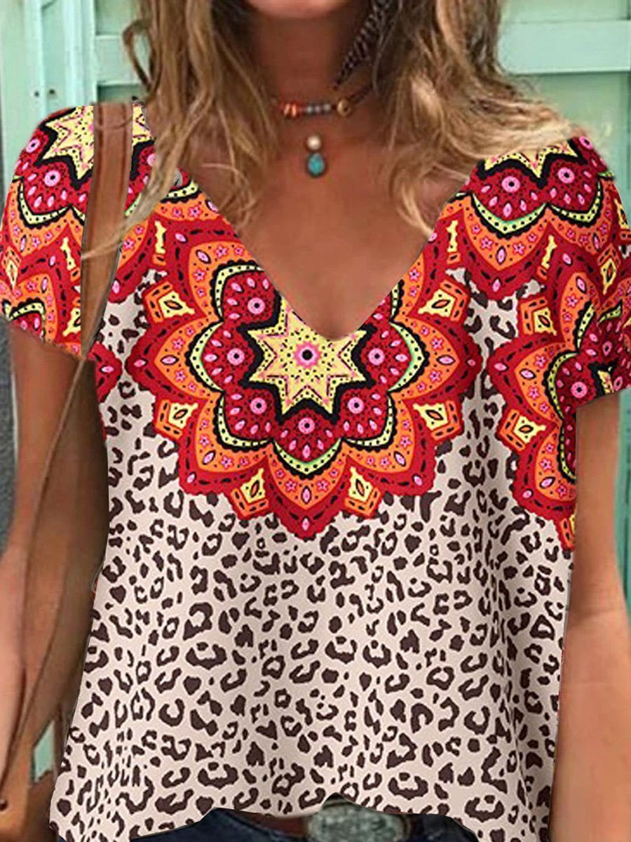 Fashion V-neck Leopard Floral Print Short Sleeve T-shirt - LuckyFash™