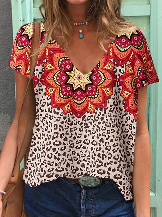 Fashion V-neck Leopard Floral Print Short Sleeve T-shirt - LuckyFash™