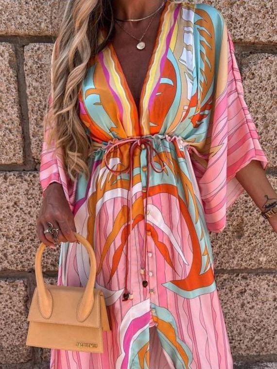 Fashion V-neck Mid-sleeve Print Dress - LuckyFash™