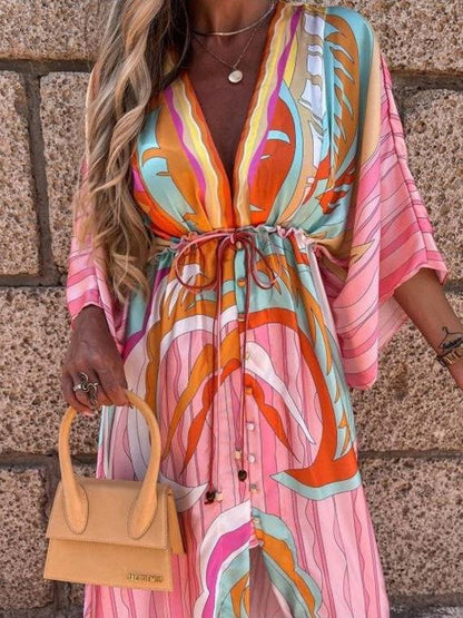 Fashion V-neck Mid-sleeve Print Dress - LuckyFash™