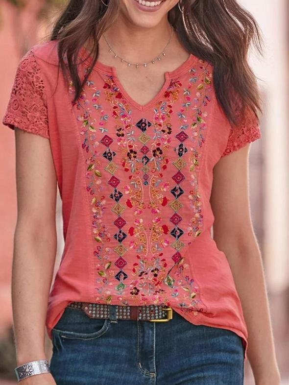 Fashion V-neck Stitching Short-sleeved T-shirt - LuckyFash™