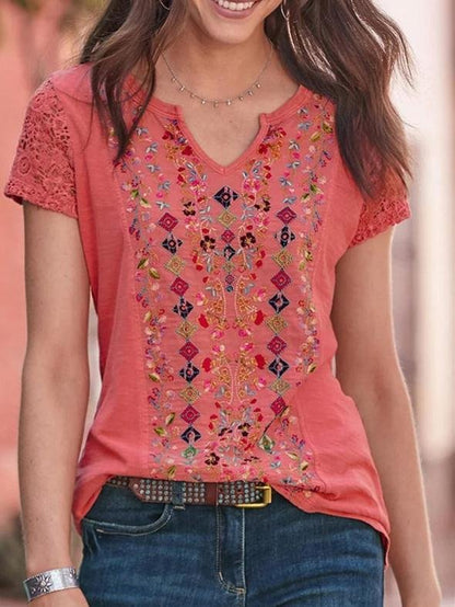 Fashion V-neck Stitching Short-sleeved T-shirt - LuckyFash™