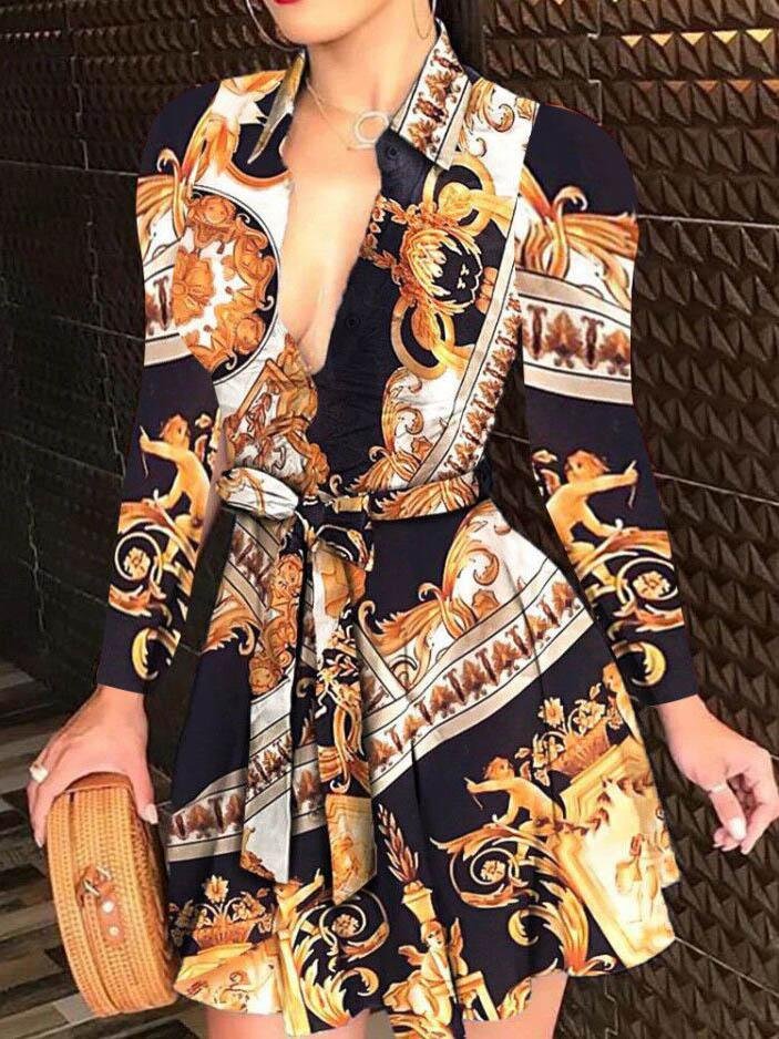 Fashion V-neck Tie Print Dress - LuckyFash™