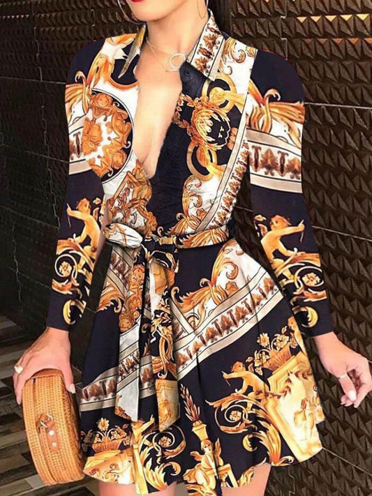 Fashion V-neck Tie Print Dress - LuckyFash™