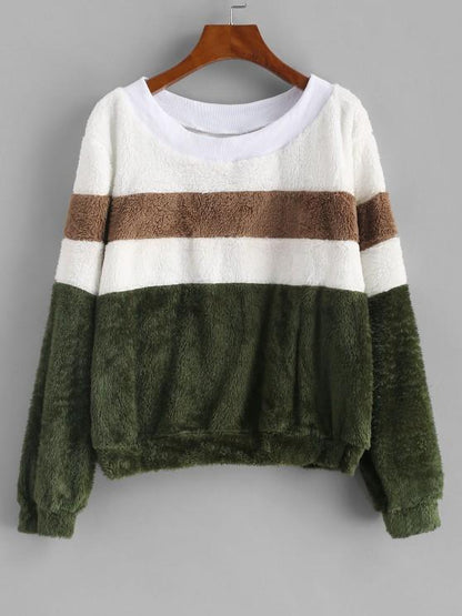 Faux Fur Colorblock Ribbed Neckline Sweatshirt - LuckyFash™