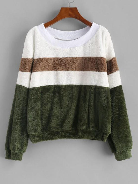 Faux Fur Colorblock Ribbed Neckline Sweatshirt - LuckyFash™