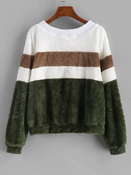Faux Fur Colorblock Ribbed Neckline Sweatshirt - LuckyFash™