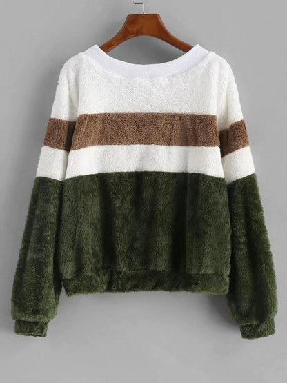Faux Fur Colorblock Ribbed Neckline Sweatshirt - LuckyFash™