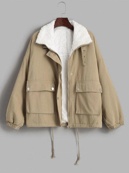 Faux Fur Lined Flap Pocket Drawstring Cargo Coat - LuckyFash™
