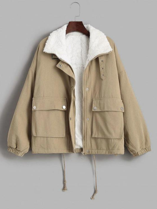 Faux Fur Lined Flap Pocket Drawstring Cargo Coat - LuckyFash™