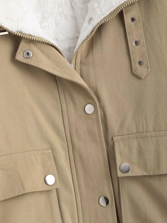 Faux Fur Lined Flap Pocket Drawstring Cargo Coat - LuckyFash™