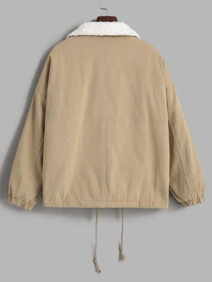 Faux Fur Lined Flap Pocket Drawstring Cargo Coat - LuckyFash™