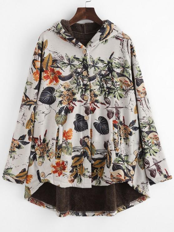 Faux Fur Lined Leaves Print High Low Coat - LuckyFash™