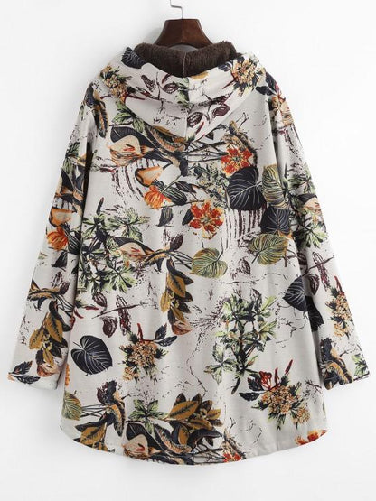 Faux Fur Lined Leaves Print High Low Coat - LuckyFash™