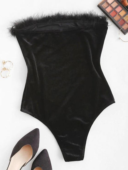 Faux Fur Panel Velvet Strapless Bodysuit - LuckyFash™