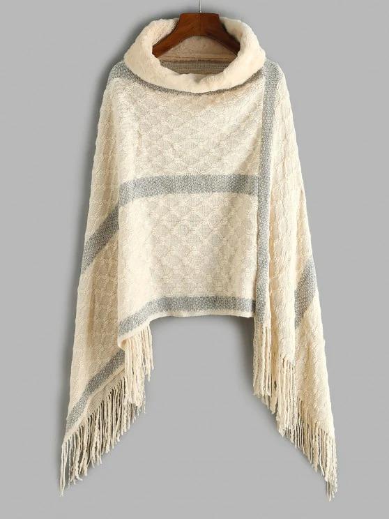 Faux Fur Turtleneck Oversized Fringed Poncho Sweater - LuckyFash™