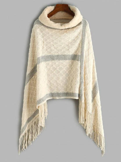Faux Fur Turtleneck Oversized Fringed Poncho Sweater - LuckyFash™