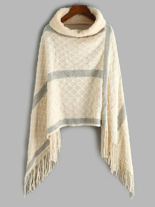Faux Fur Turtleneck Oversized Fringed Poncho Sweater - LuckyFash™