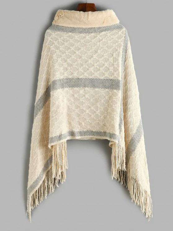 Faux Fur Turtleneck Oversized Fringed Poncho Sweater - LuckyFash™