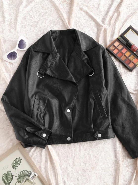 Faux Leather Snap Button Pockets Biker Jacket - LuckyFash™