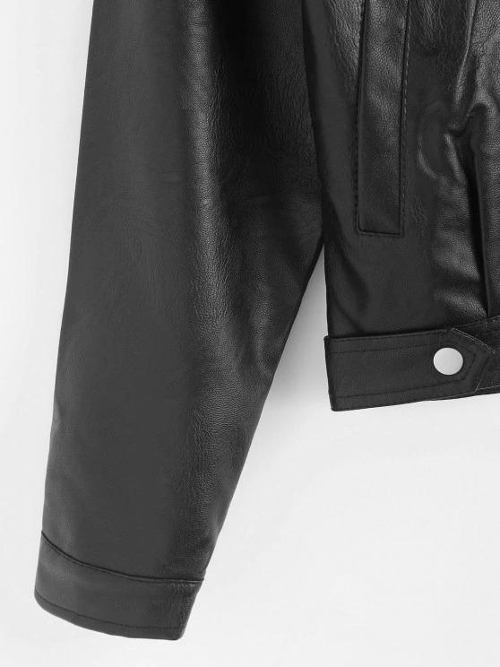 Faux Leather Snap Button Pockets Biker Jacket - LuckyFash™