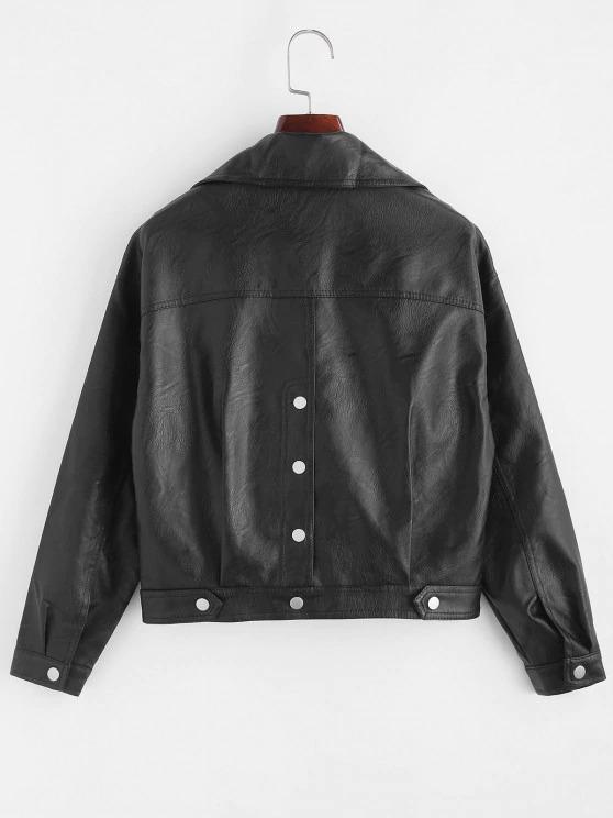 Faux Leather Snap Button Pockets Biker Jacket - LuckyFash™