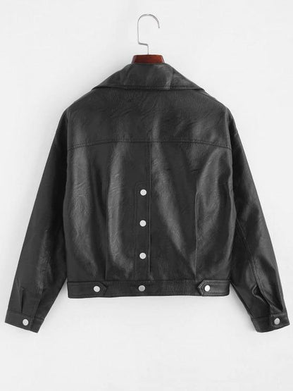Faux Leather Snap Button Pockets Biker Jacket - LuckyFash™