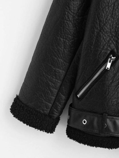 Faux Leather Zippered Pockets Faux Shearling Coat - LuckyFash™