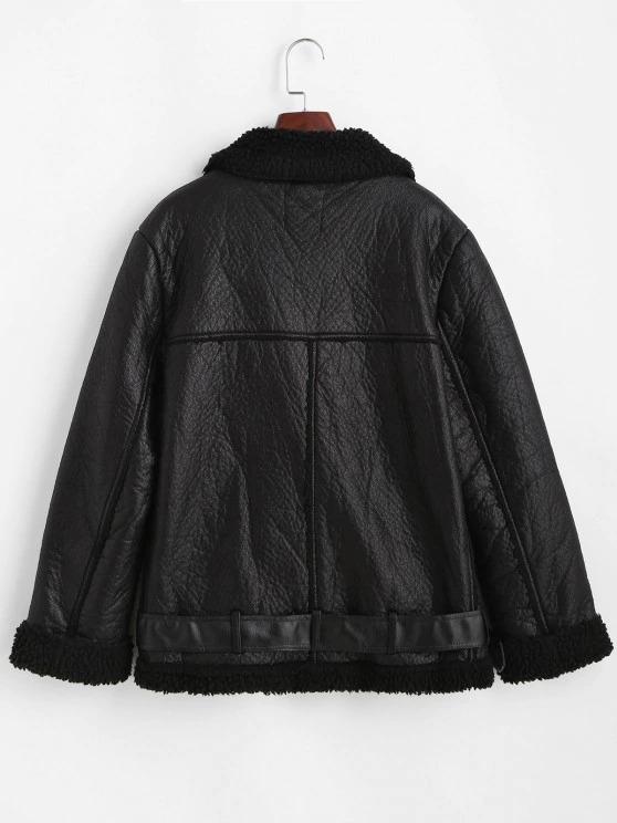 Faux Leather Zippered Pockets Faux Shearling Coat - LuckyFash™