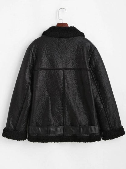 Faux Leather Zippered Pockets Faux Shearling Coat - LuckyFash™