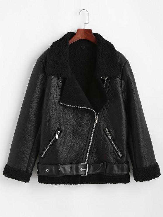 Faux Leather Zippered Pockets Faux Shearling Coat - LuckyFash™
