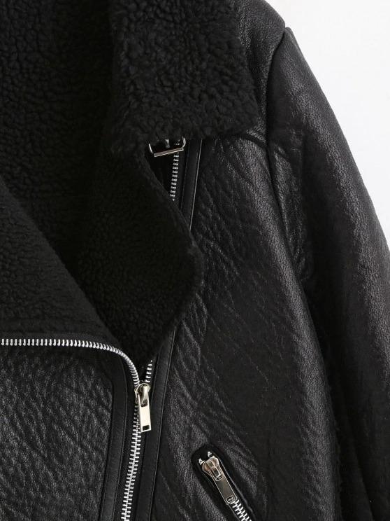 Faux Leather Zippered Pockets Faux Shearling Coat - LuckyFash™