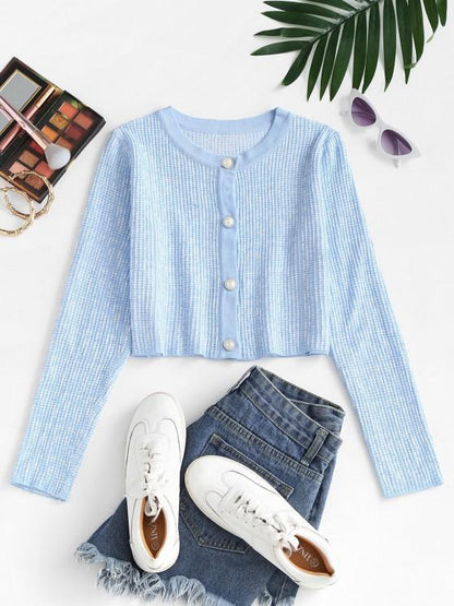 Faux Pearl Button Slim Textured Cardigan - LuckyFash™