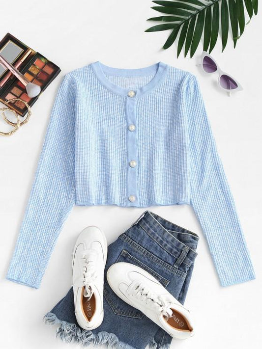 Faux Pearl Button Slim Textured Cardigan - LuckyFash™