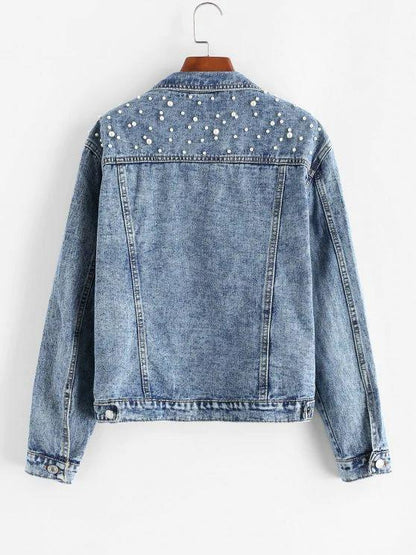 Faux Pearl Button Up Trucker Denim Jacket - LuckyFash™