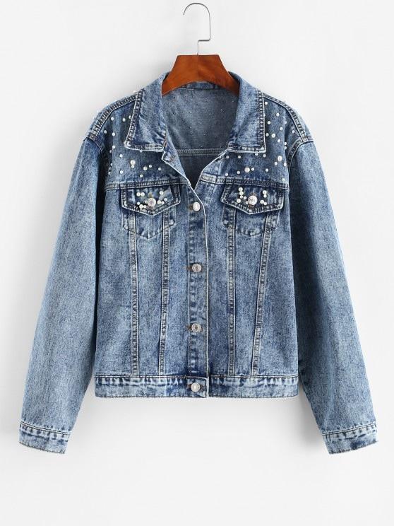 Faux Pearl Button Up Trucker Denim Jacket - LuckyFash™