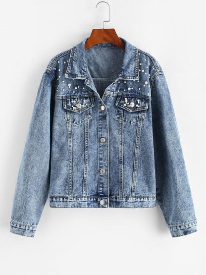 Faux Pearl Button Up Trucker Denim Jacket - LuckyFash™