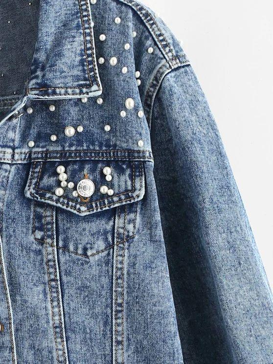 Faux Pearl Button Up Trucker Denim Jacket - LuckyFash™