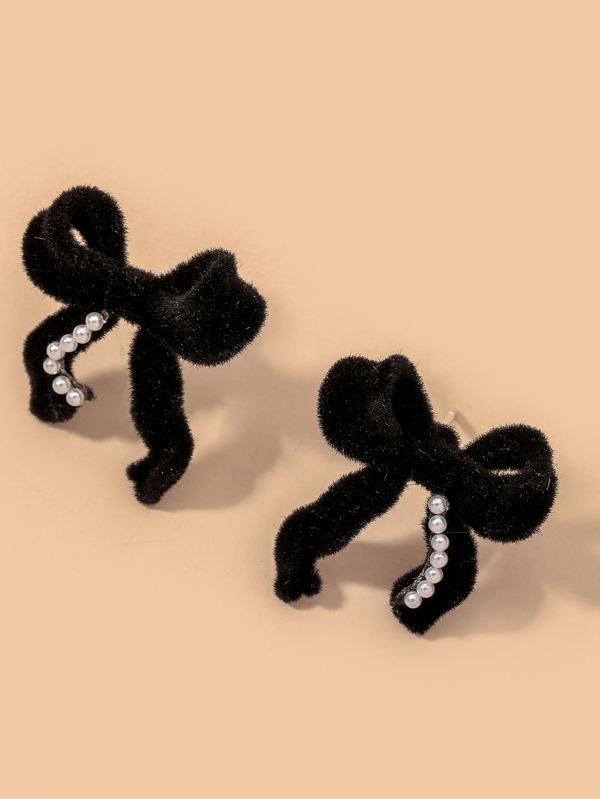 Faux Pearl Decor Bow Design Stud Earrings - LuckyFash™