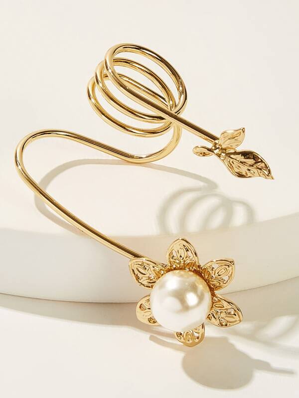 Faux Pearl & Leaf Decor Spiral Ring 1pc - LuckyFash™