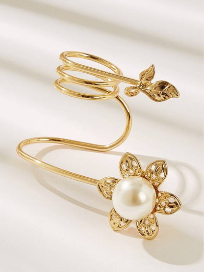 Faux Pearl & Leaf Decor Spiral Ring 1pc - LuckyFash™