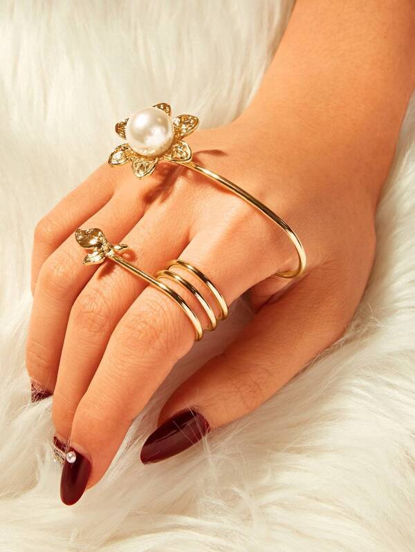 Faux Pearl & Leaf Decor Spiral Ring 1pc - LuckyFash™