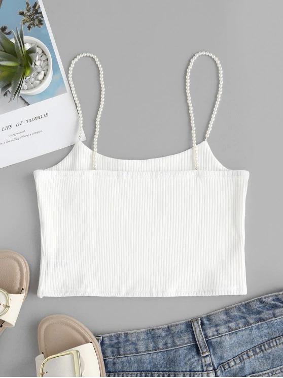 Faux Pearl Ribbed Butterfly Embroidered Cami Top - LuckyFash™