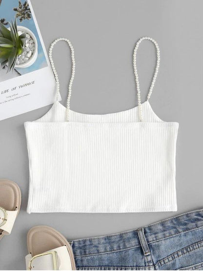 Faux Pearl Ribbed Butterfly Embroidered Cami Top - LuckyFash™