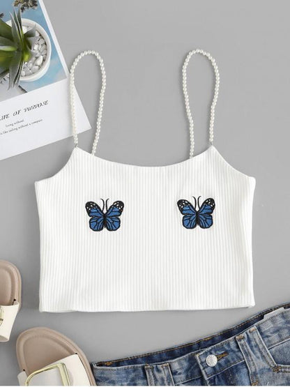 Faux Pearl Ribbed Butterfly Embroidered Cami Top - LuckyFash™