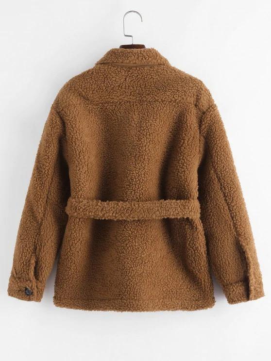 Faux Shearling Belted Pocket Teddy Jacket - LuckyFash™
